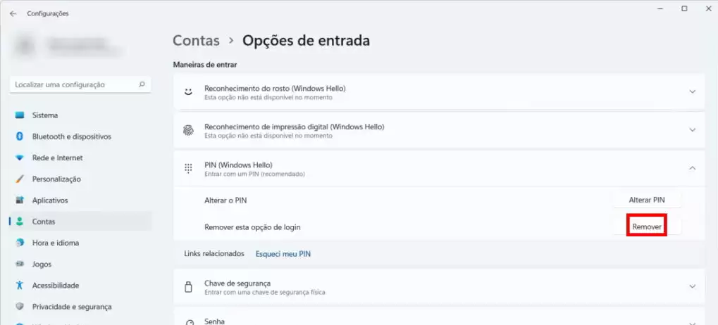remover o PIN do Windows Hello
