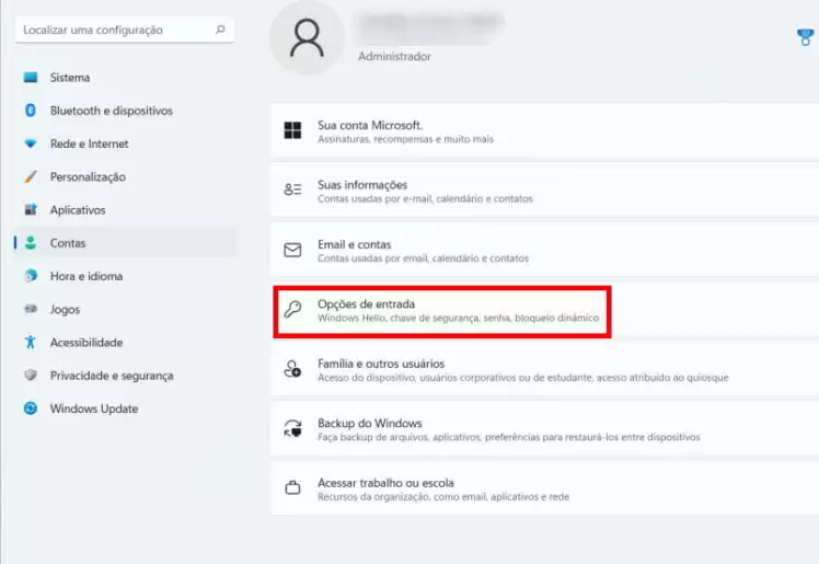 Windows 11, opções de entrada, conta