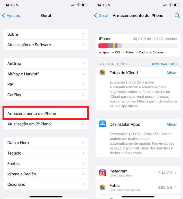 iphone Espaço de armazenamento