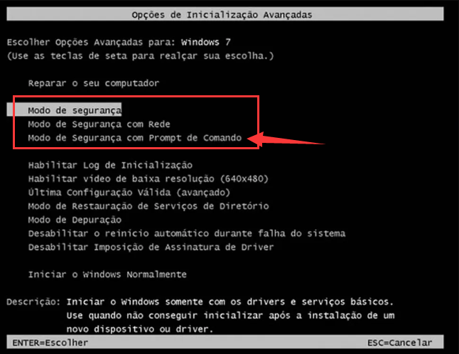 Modo de segurança com prompt de comando no Windows 7