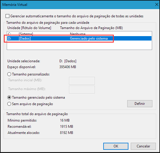 Configurações de memória virtual do Windows