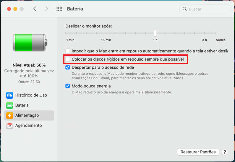 desativar Colocar os discos rígidos para dormir quando possível