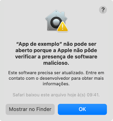 Não pode ser aberto porque a Apple não pode verificar se há software malicioso nele