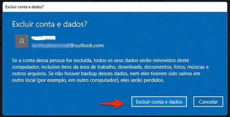 Confirmar exclusão de conta de usuário e dados no Windows