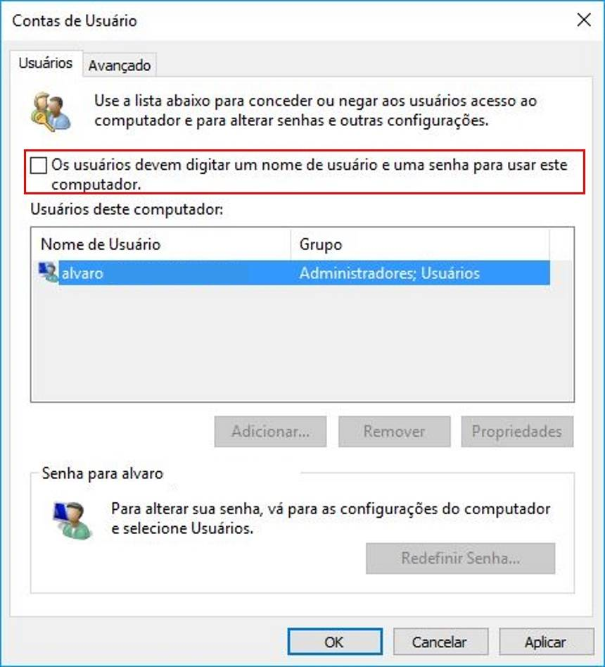 netplwiz, Os usuários devem inserir um nome de usuário e senha para usar este computador
