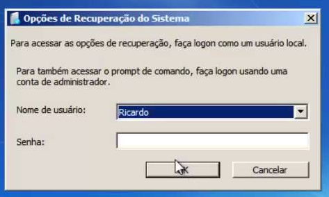 Formatação do Windows 7 requer senha - opção de recuperação do sistema