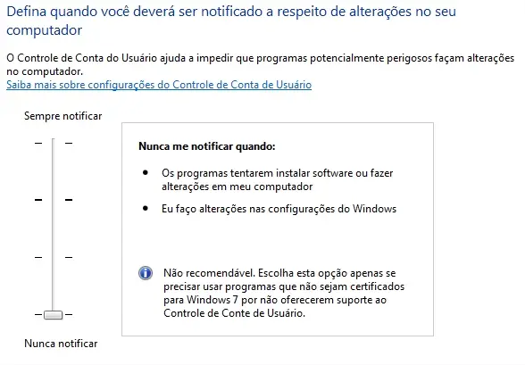 controle de conta de usuário nunca notificar