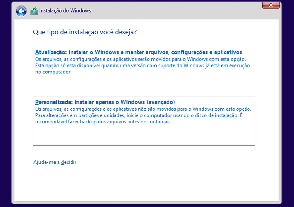 instalação personalizada Windows 10/11