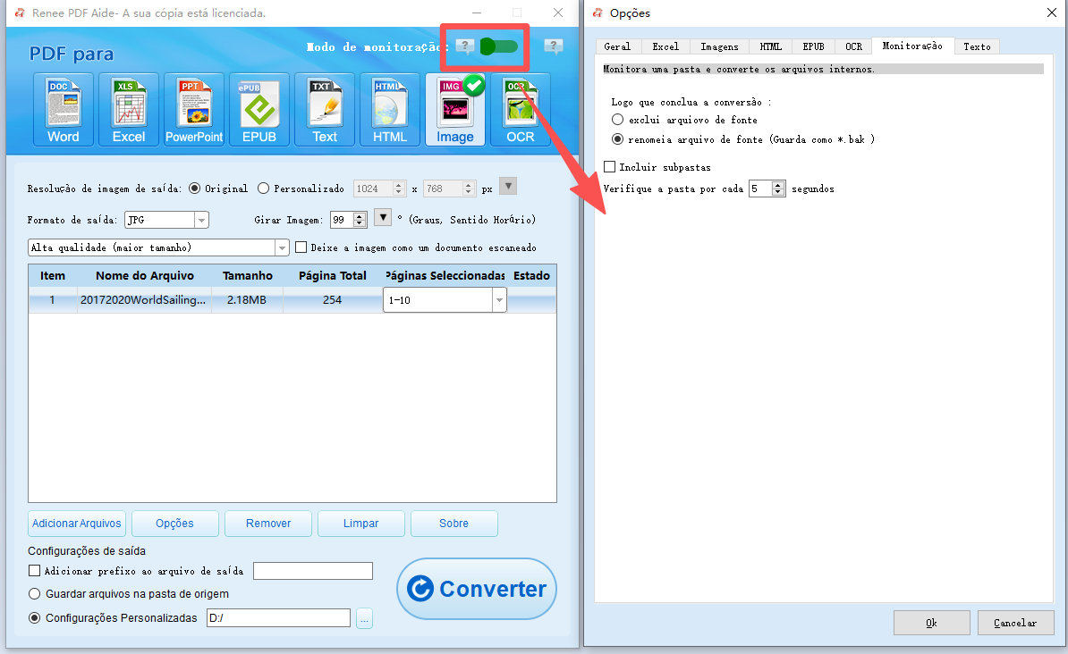 modo de monitoramento Renee PDF para converter arquivo PDF automaticamente