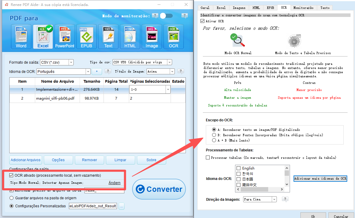 PDF Aide usando OCR para converter pdf para excel ou csv