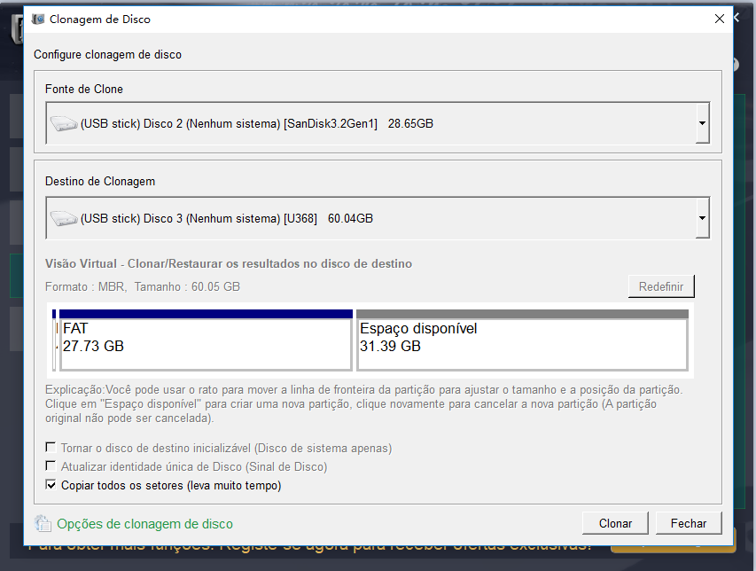 Renee Becca seleciona copiar todos os setores