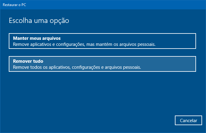 Selecione Manter meus arquivos ou Remover tudo ao redefinir pc windows 10
