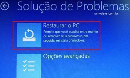 selecione solução de problemas e depois redefinir este pc