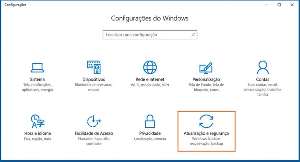 selecione atualização e segurança nas configurações do windows 10