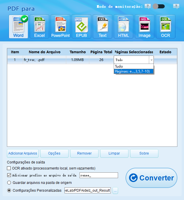 Selecione páginas ao converter PDF para Word