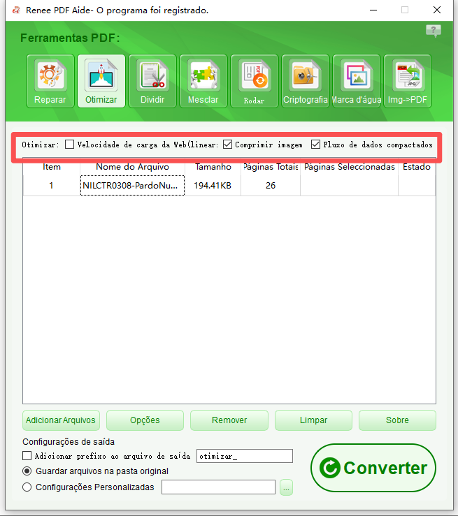 Painel de Otimizar mostrando Adicionar Arquivos e opções de compressão do renee pdf aide