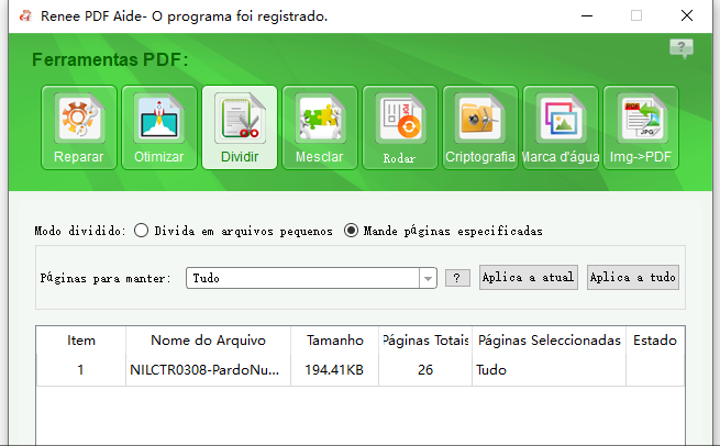 Interface para selecionar intervalos de páginas específicas para manter.