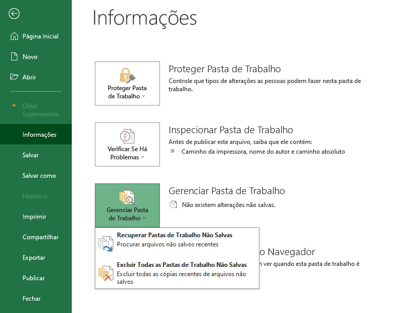 Gerenciar Pasta de Trabalho no Excel; localizar “Recuperar Pastas de Trabalho Não Salvas, Procurar arquivos não salvos recentes”