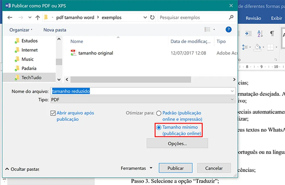 salvar PDF com tamanho mínimo no Word (Office)