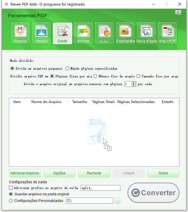 Painel de Dividir no Renee PDF Aide com opções para adicionar arquivos
