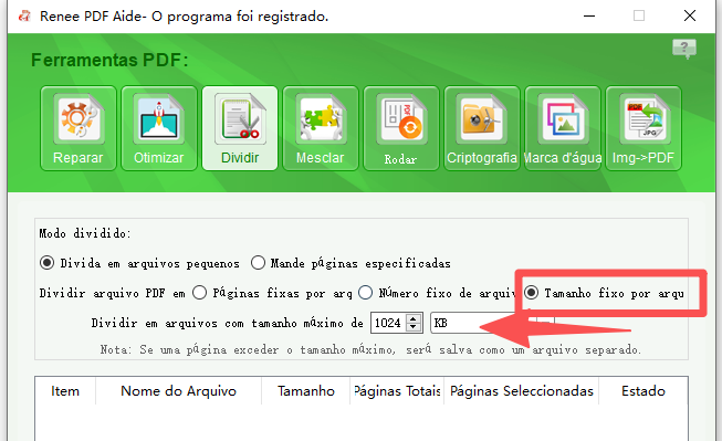 dividir arquivo PDF por tamanho fixo