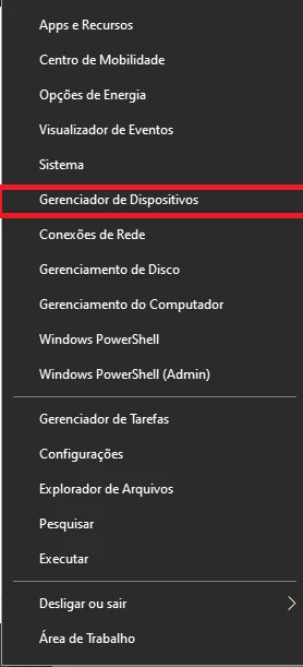 clique com o botão direito no menu Iniciar e selecione Gerenciador de Dispositivos