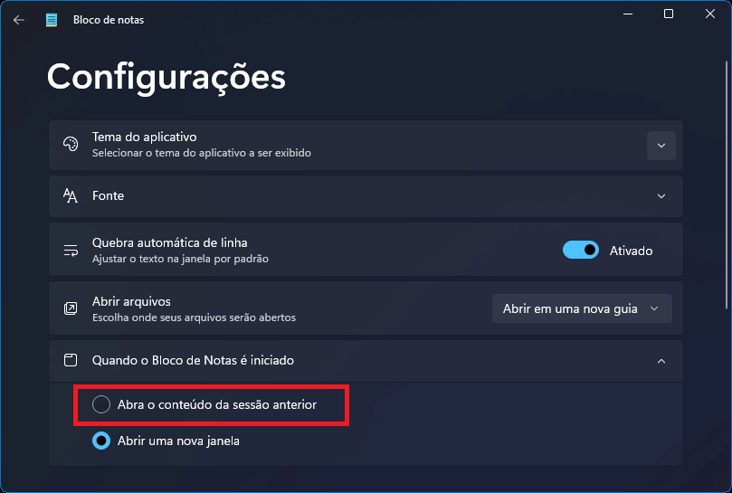 configurações do Bloco de Notas Continuar sessão anterior quando o Bloco de Notas iniciar