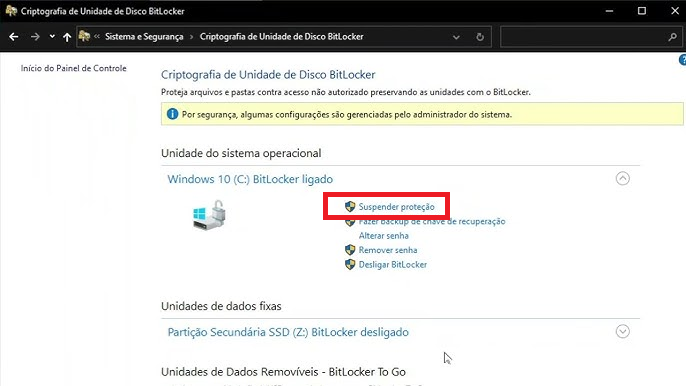 suspender proteção do BitLocker