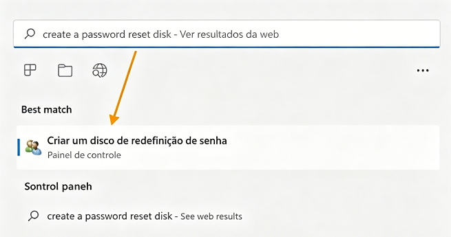 pesquisar “Criar disco de redefinição de senha do Windows”