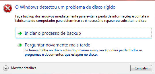 Windows exibe aviso S.M.A.R.T. - Windows detectou um problema no disco rígido