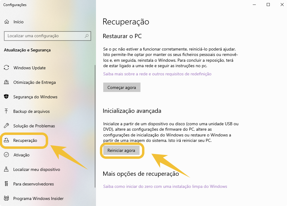 clique em Reiniciar agora na opção de recuperação