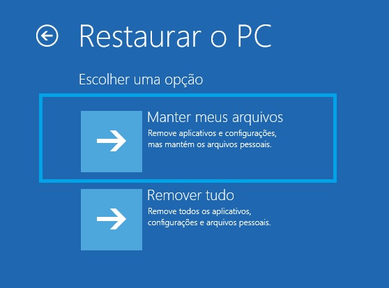 Menu do WinRE: opções de redefinir este PC, manter meus arquivos