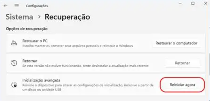 Inicialização avançada do Windows 11: reiniciar agora